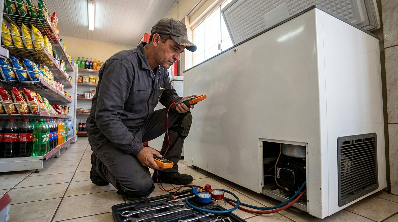 Reparo da placa eletrônica de um freezer em atendimento em Canoas‑RS