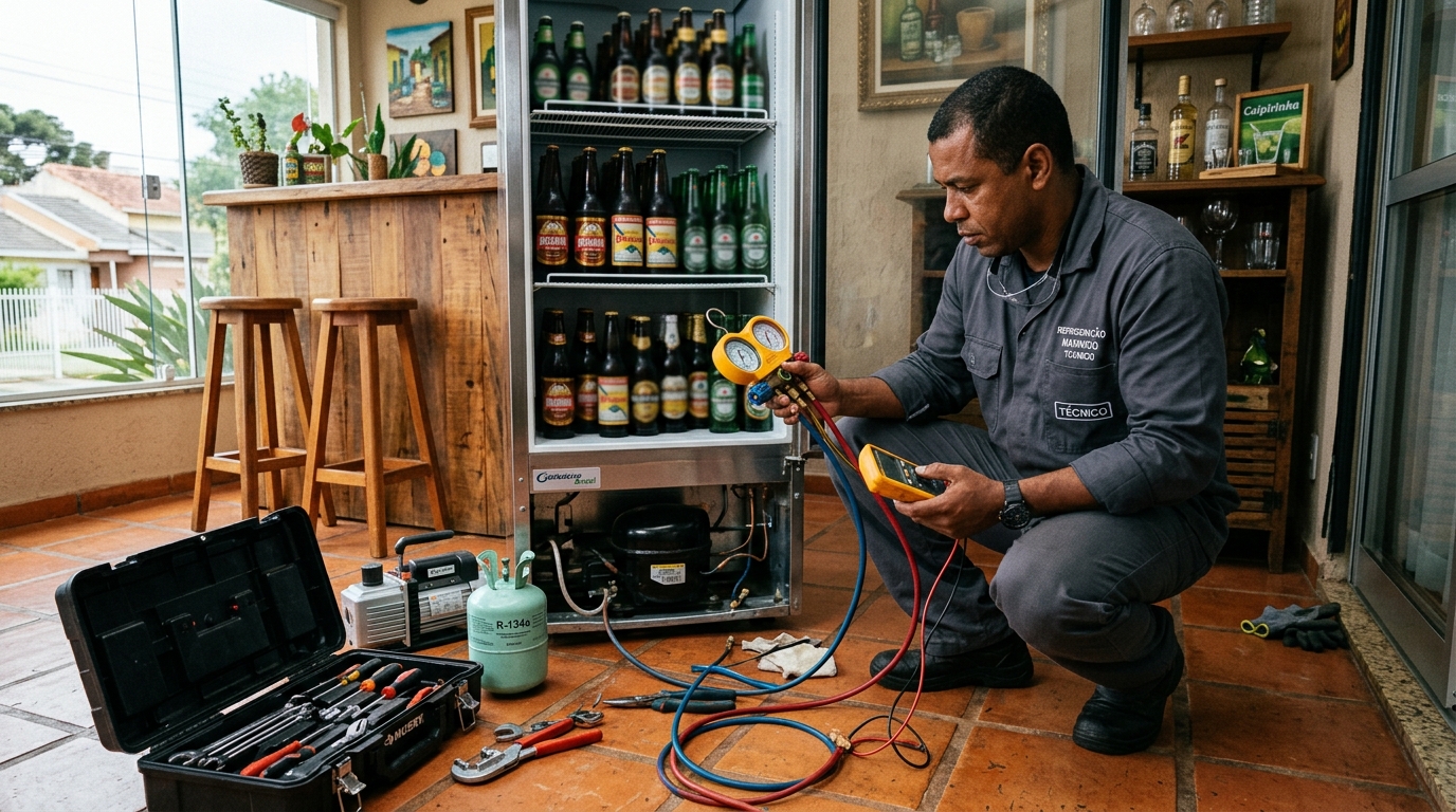 Técnico revisando o motor de uma cervejeira durante chamado em Canoas‑RS