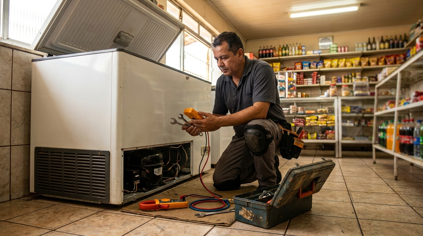 Técnico reparando o motor de um freezer horizontal em Canoas‑RS